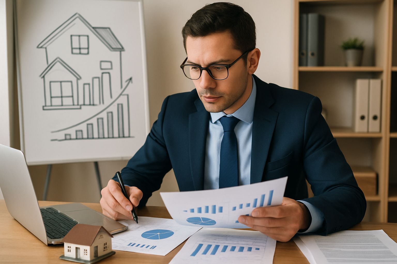 Conseiller en investissement locatif et gestion de patrimoine analysant des opportunits immobilires et financires