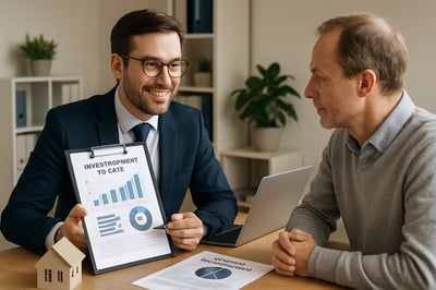 Conseiller immobilier et financier accompagnant un client dans son projet d'investissement locatif et de gestion patrimoniale